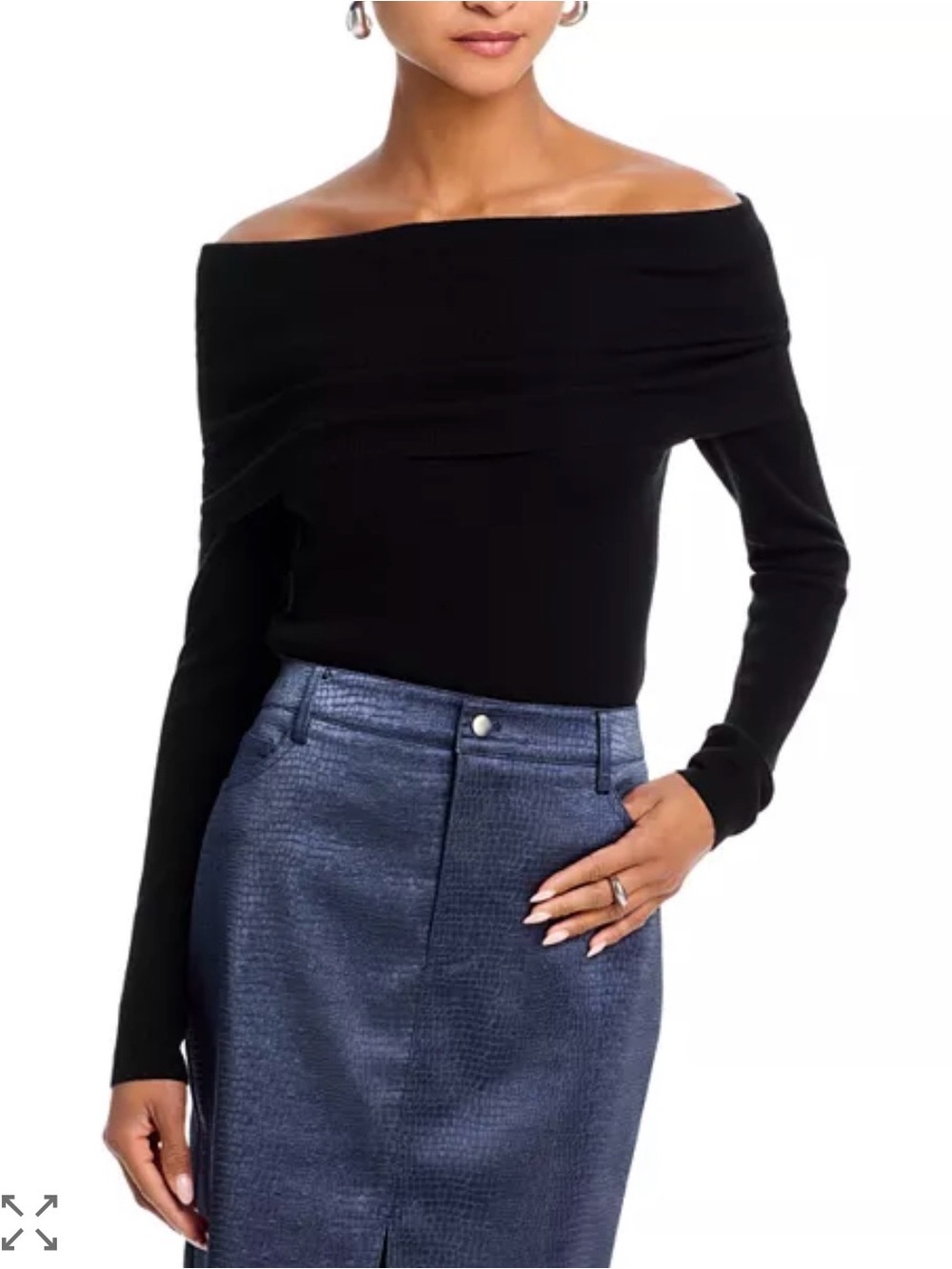 Wayf Black Off-the-Shoulder Ribbed Foldover Sweater